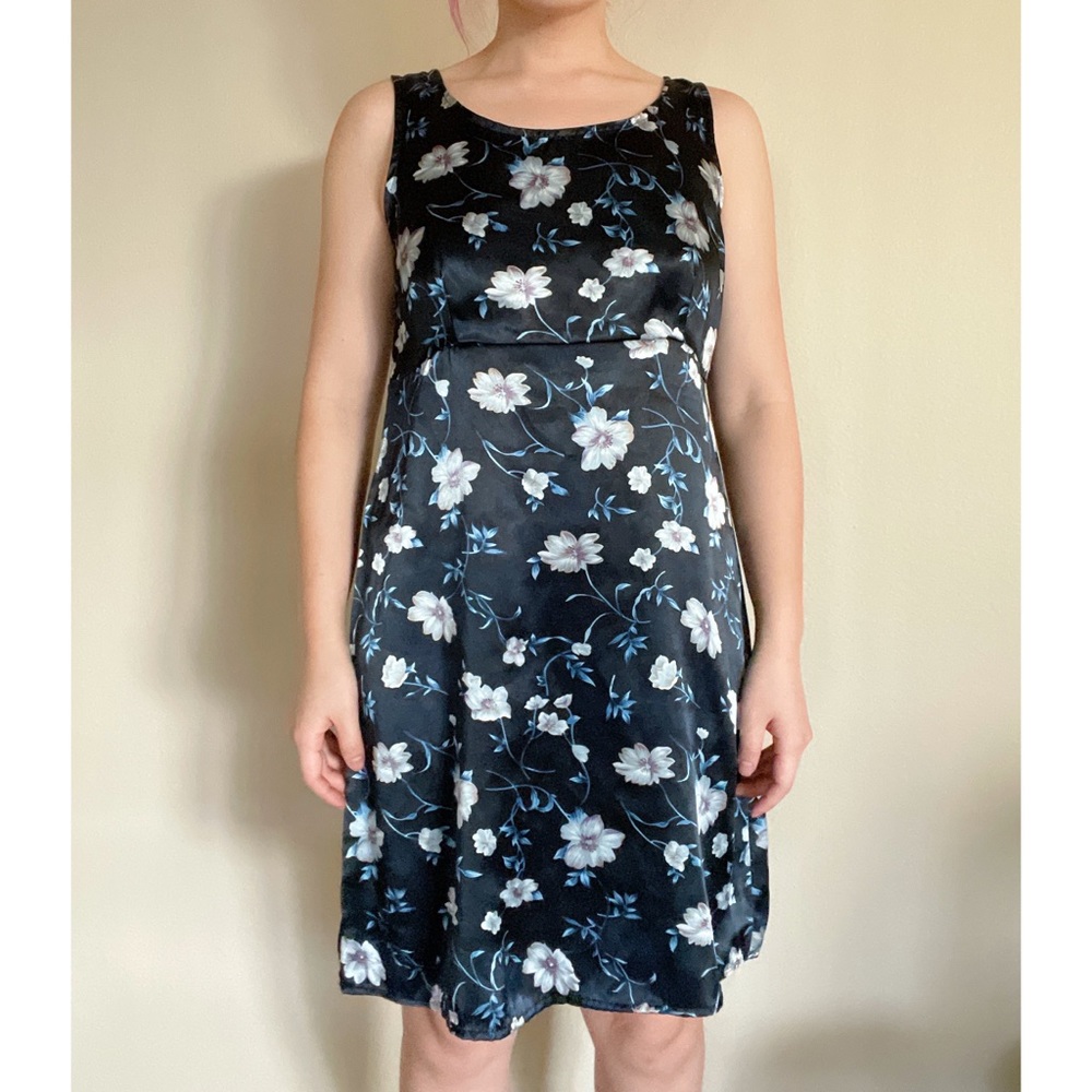 Black and blue silky floral dress